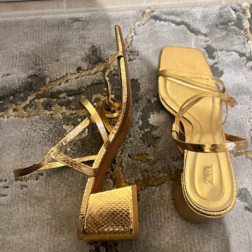 Zara strappy gold block heel sandal